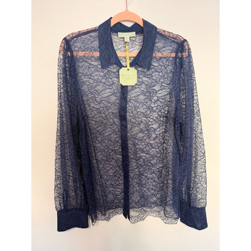RyeGrass NWT Blouse Navy Sheer Lace Beaded Collar Womans XL